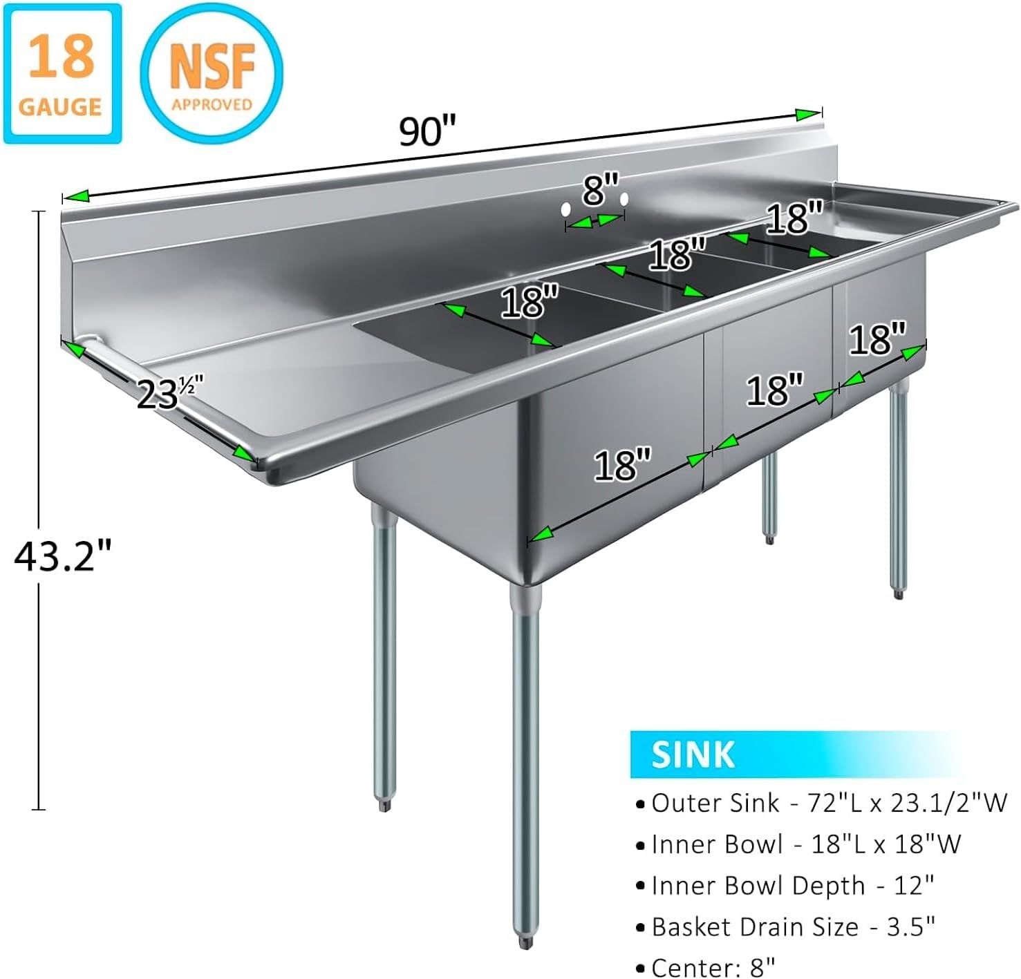 Stainless Steel Prep & Utility Sink | 304 Stainless Steel | Restaurant, Kitchen, Laundry, Garage | NSF (23 in. x 90 in. | Three Bowls | 2 Drainboards)