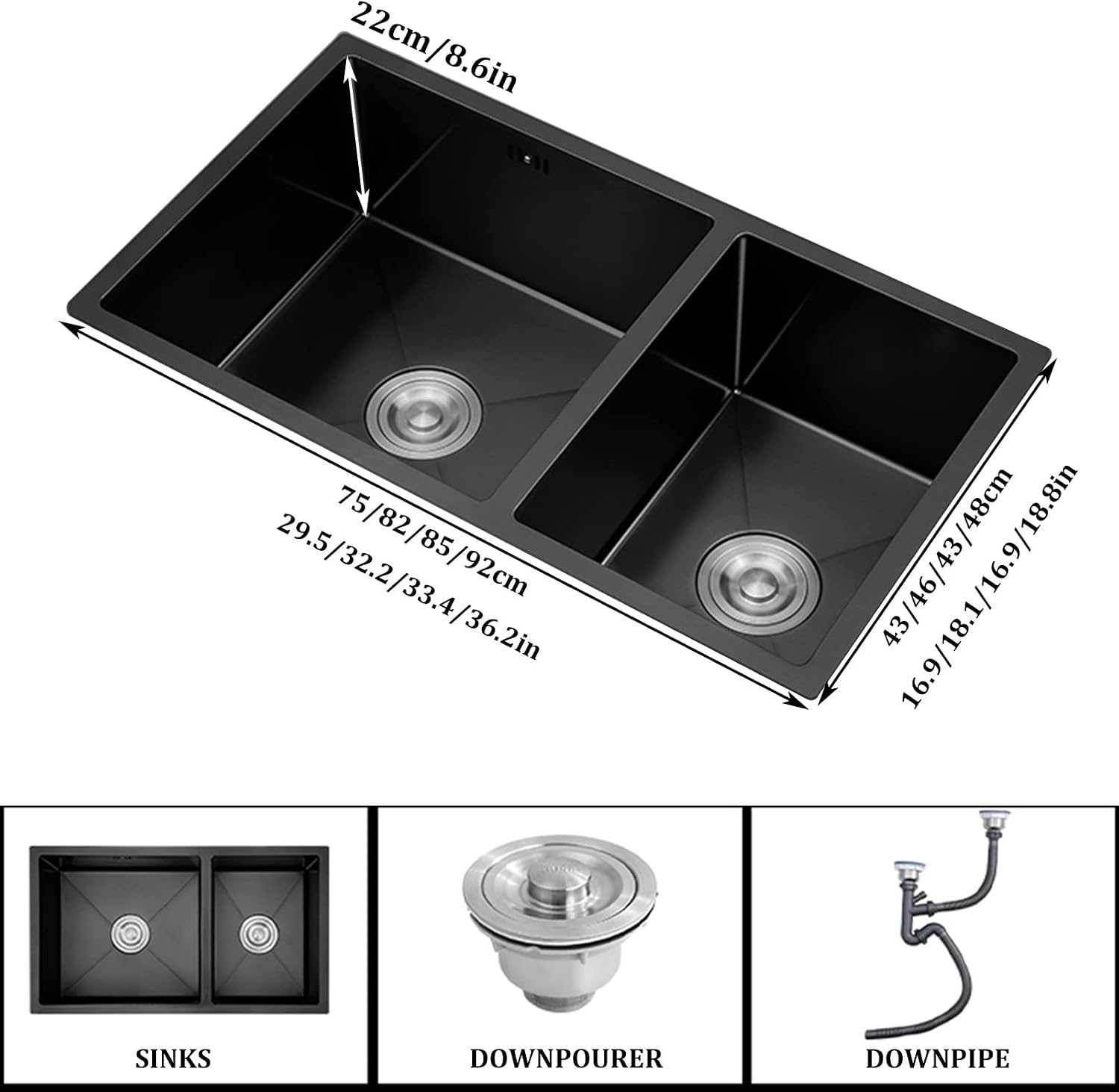 304 Stainless Steel Kitchen Sink Black Nano Double Bowl Bar & Prep Sink Square RV Sink with Downpipe and Drain Top Mount Or Undermount (Color : Black, Size : 75x43x22cm) (Black 75x43x22cm)