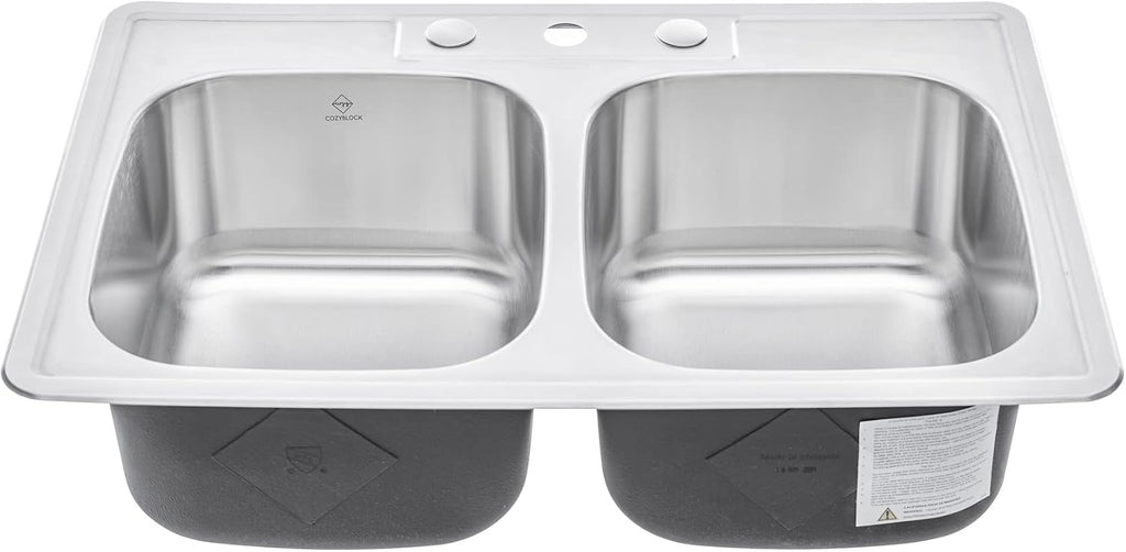 CozyBlock 33 x 22 x 9 Inch 50/50 Top-mount/Drop-in Stainless Steel Double Bowl Kitchen Sink with Strainer - 18 Gauge Stainless Steel-3 Faucet Hole