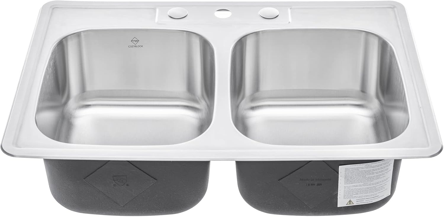 CozyBlock 33 x 22 x 9 Inch 50/50 Top-mount/Drop-in Stainless Steel Double Bowl Kitchen Sink with Strainer - 18 Gauge Stainless Steel-3 Faucet Hole