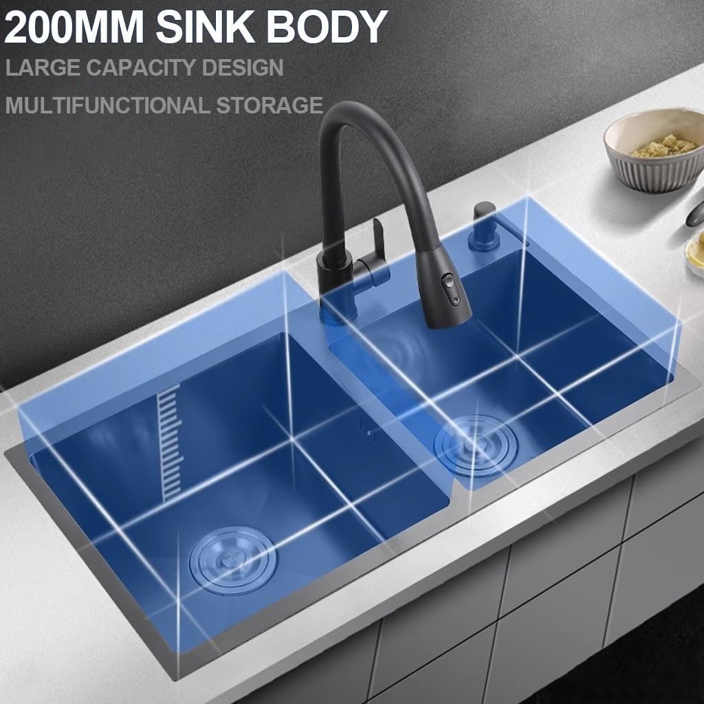 OM Stainless Steel Double Bowl Kitchen Sink Multifunctional Nano Bar Sink Black RV Sink with Pull-Out Faucet Drain Basket Soap Dispenser Drainage Component (Black-72x40x21cm