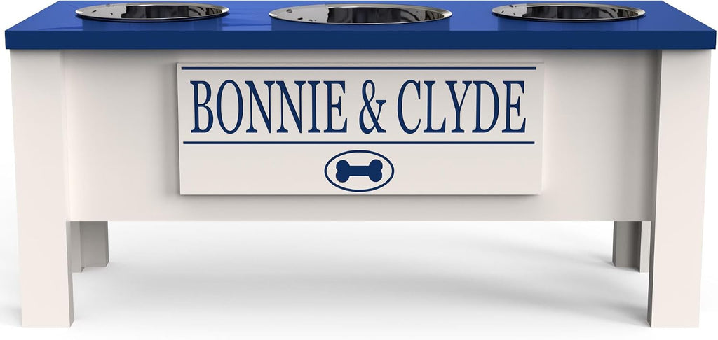GTW Elevated 3 Bowl Dog Feeding Station - Customized Triple Stand for Large Dogs - Includes Storage & Stainless Steel Bowls (Large, Blue)