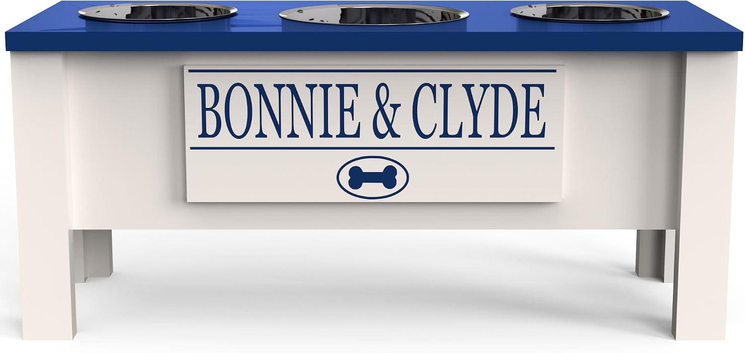GTW Elevated 3 Bowl Dog Feeding Station - Customized Triple Stand for Large Dogs - Includes Storage & Stainless Steel Bowls (Large, Blue)