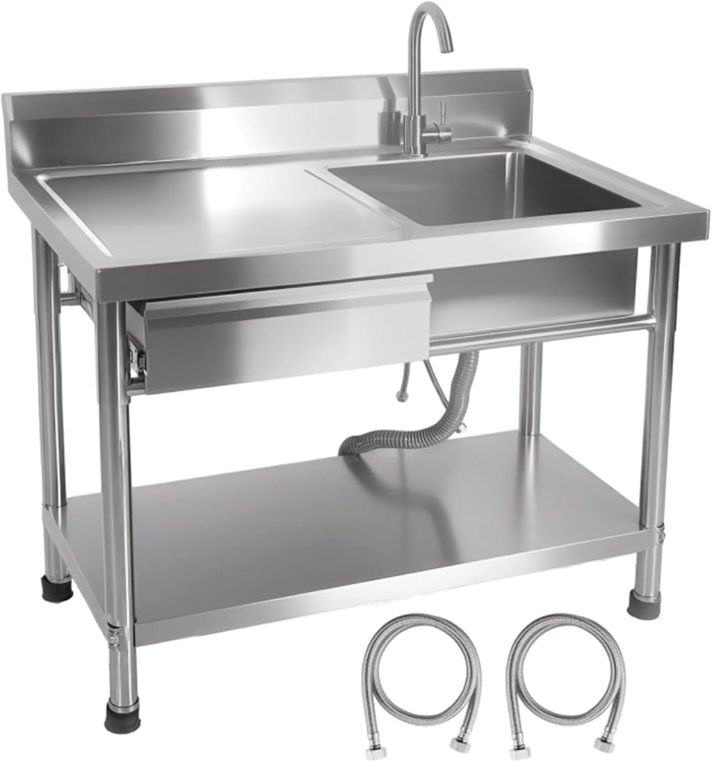 Stainless Steel Utility Sink, NFS-Commercial Sink, 39' Free Standing Single Bowl Sink with Drawer & Hot/Cold Water Pipe, Workbench for Laundry & Outdoor