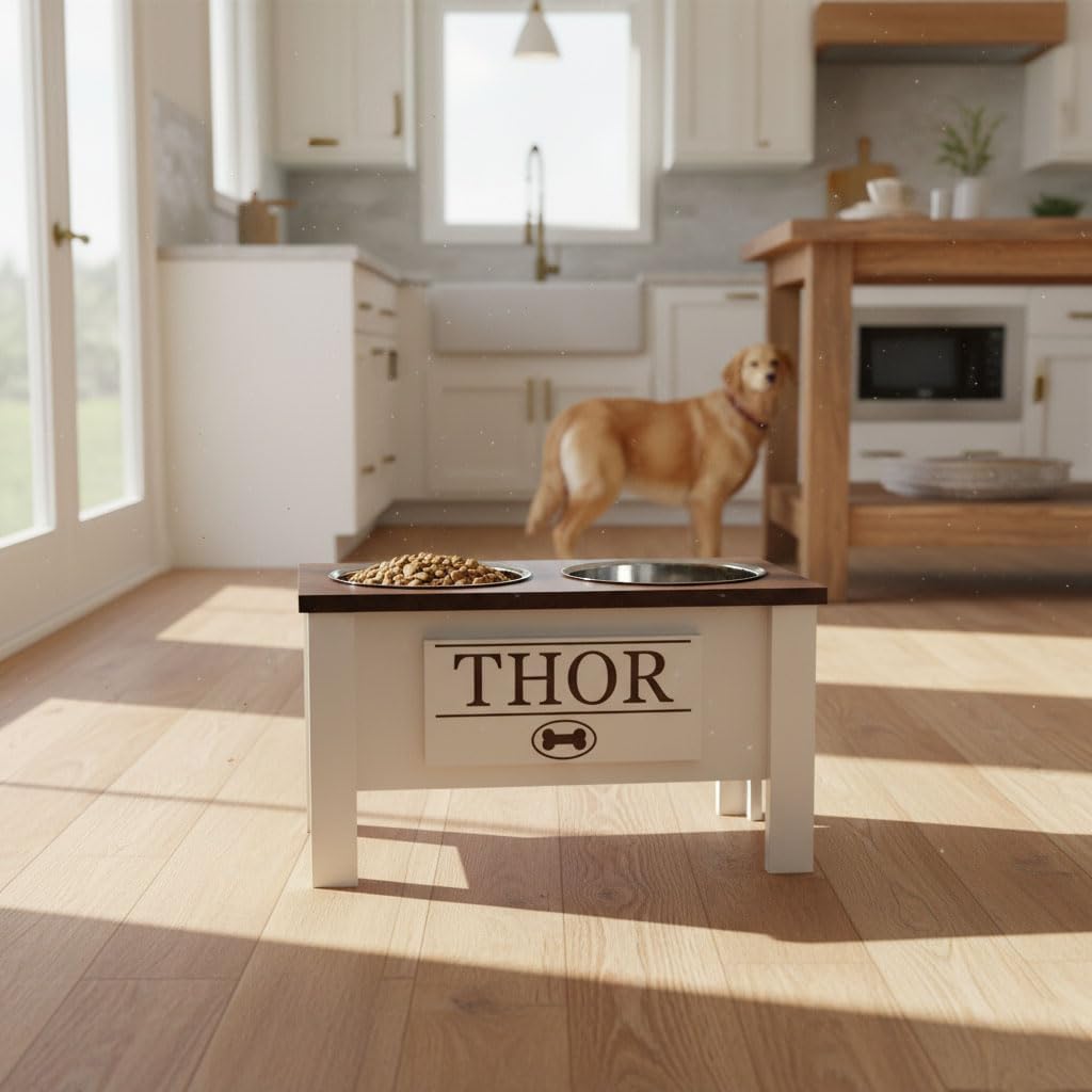 GTW Elevated Dog Bowl Stand for Large Dogs - Customized Feeding Station with Storage & Stainless Steel Bowls (Large, Dark Walnut)