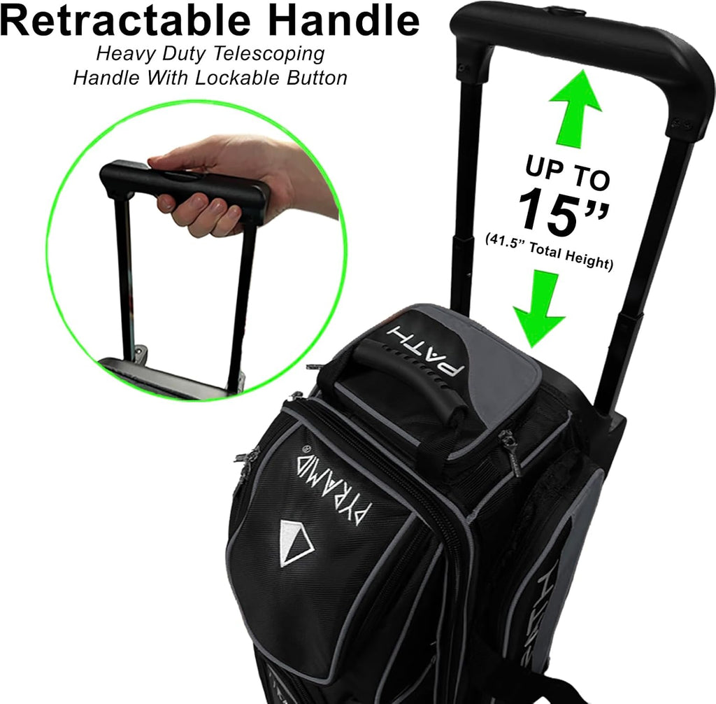 Pyramid Path Triple Premium Deluxe Roller Bowling Bag With Extra Large Separate Shoe Compartment (Up To US Mens Size 16) and 5 Accessory Pockets, 5' Wheels, Retractable Locking Handle - Extends to 42'