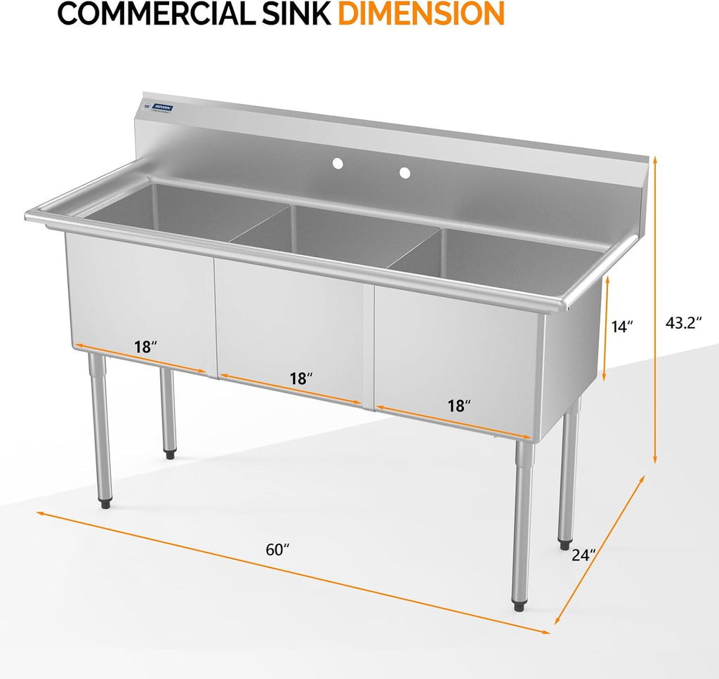 ROVSUN NSF Commercial 3 Bowl Kitchen Sink, 304 Stainless Steel, Free Standing Utility Sink for Kitchen, Laundry Room, Garage, Restaurant