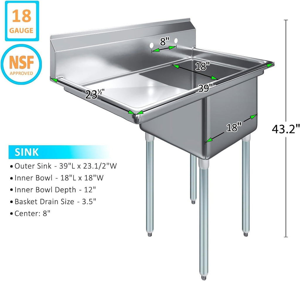 Stainless Steel Prep & Utility Sink | 304 Stainless Steel | Restaurant, Kitchen, Laundry, Garage | NSF (23 in. x 39 in. | One Bowl | Left Drainboard)