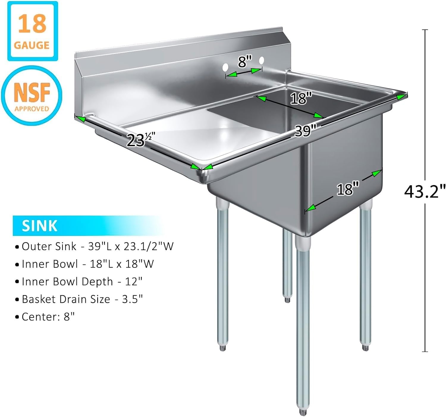 Stainless Steel Prep & Utility Sink | 304 Stainless Steel | Restaurant, Kitchen, Laundry, Garage | NSF (23 in. x 39 in. | One Bowl | Left Drainboard)