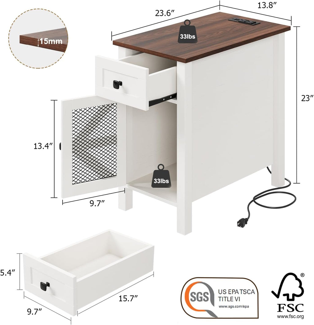 HAIOOU Farmhouse End Table with Charging Station, Narrow Side Tables for Living Room, Bedside Table with Storage Cabinet and Drawer, Slim Wood Nightstand for Small Space(Rustic White)