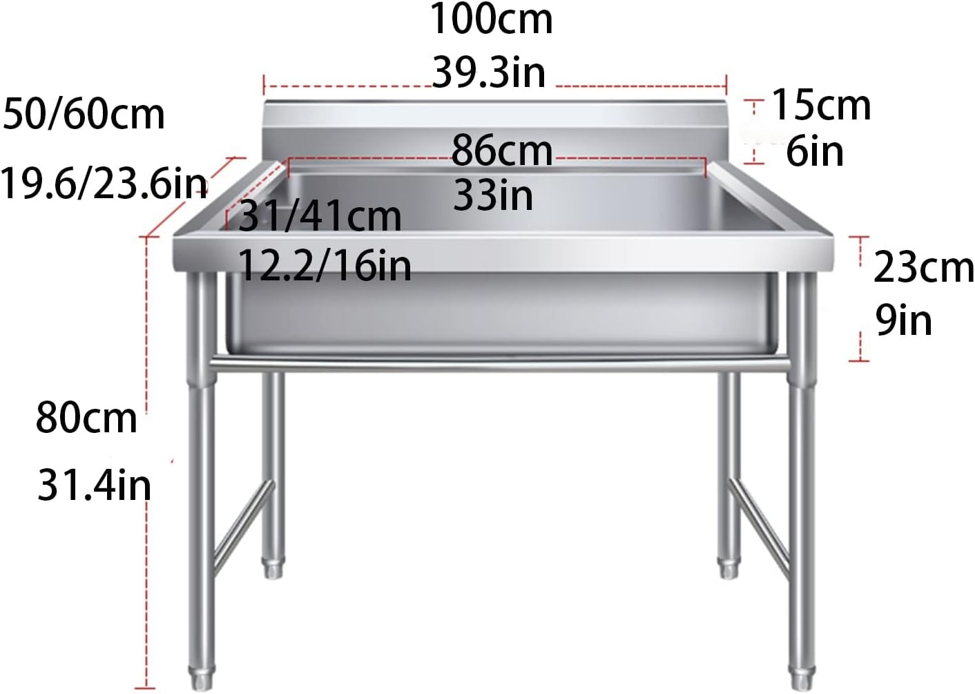 Free Standing Stainless-SteeSingle Bowl,Utility Sink Single Bowl Stainless Steel Commercial Kitchen Sink with,for Laundry Backyard Garage Camping Portable (Size : 60cm/23.6in) (50cm/19.6in)