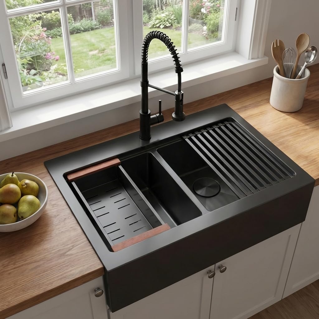 LQS Double Bowl Kitchen Sink, Undermount/Drop In Kitchen Sink, Double Bowl Stainless Steel Kitchen Sinks, 16 Gauge Stainless Steel Handmade Sinks (Black, 30' x 22' x 10')
