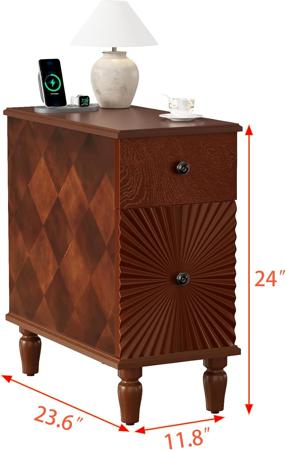 2-Drawer Modern Sofa Side Table with Charging Station, USB & AC Ports, Slim Nightstand for Living Room or Bedroom, Sturdy Rubber Wood Frame, Easy Assembly, Walnut Finish