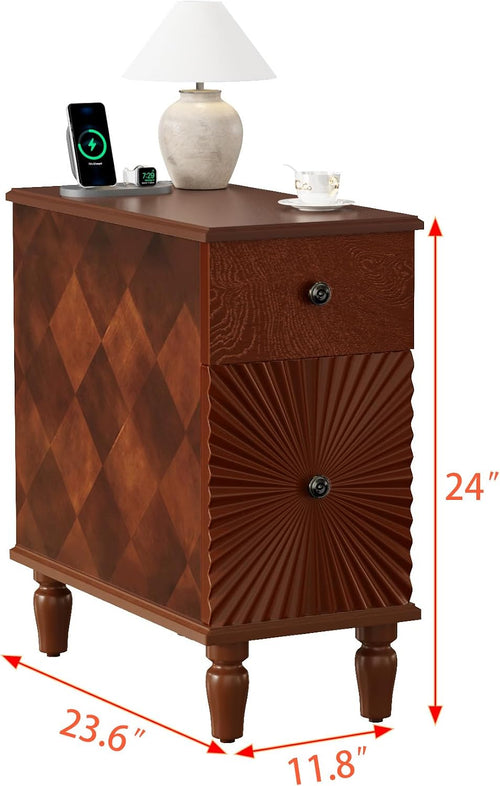 2-Drawer Modern Sofa Side Table with Charging Station, USB & AC Ports, Slim Nightstand for Living Room or Bedroom, Sturdy Rubber Wood Frame, Easy Assembly, Walnut Finish