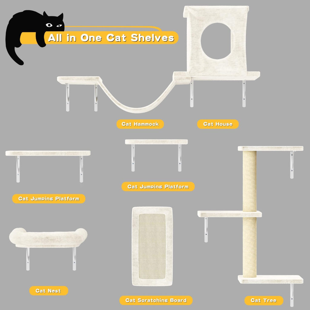 NUNU LAB Wall Mounted Cat Wall Shelves, 12-in-1 Cat Wall Climber with Condos House, Scratching Post, Bridge Ladder, Indoor Space-Saving Furniture for Kittens Play, Beige