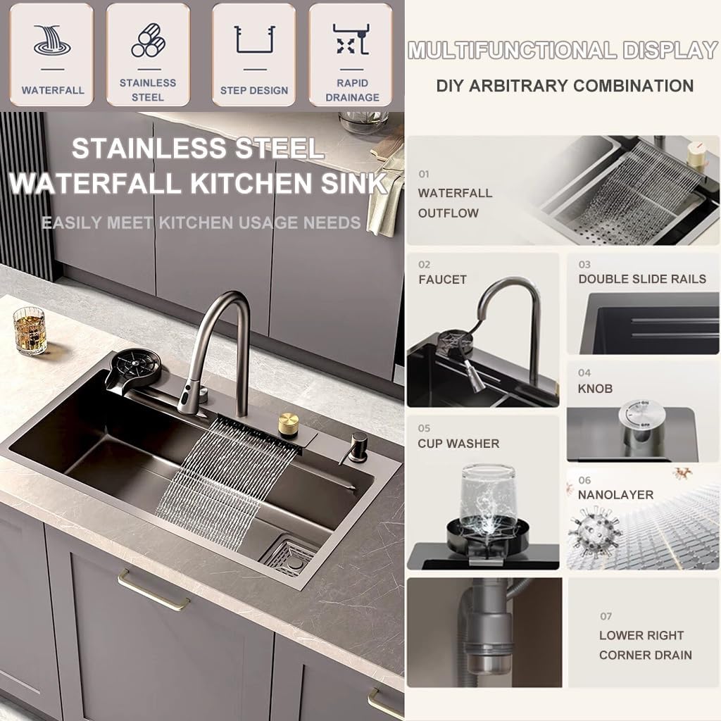 Waterfall Sink Stainless Steel Single-Bowl Kitchen Workstation Sink Waterfall Pull-Down Faucet and Complete Accessory Set Dual-Mount (Color : A, Size : 80x45x22cm) (A 68x45x22cm)