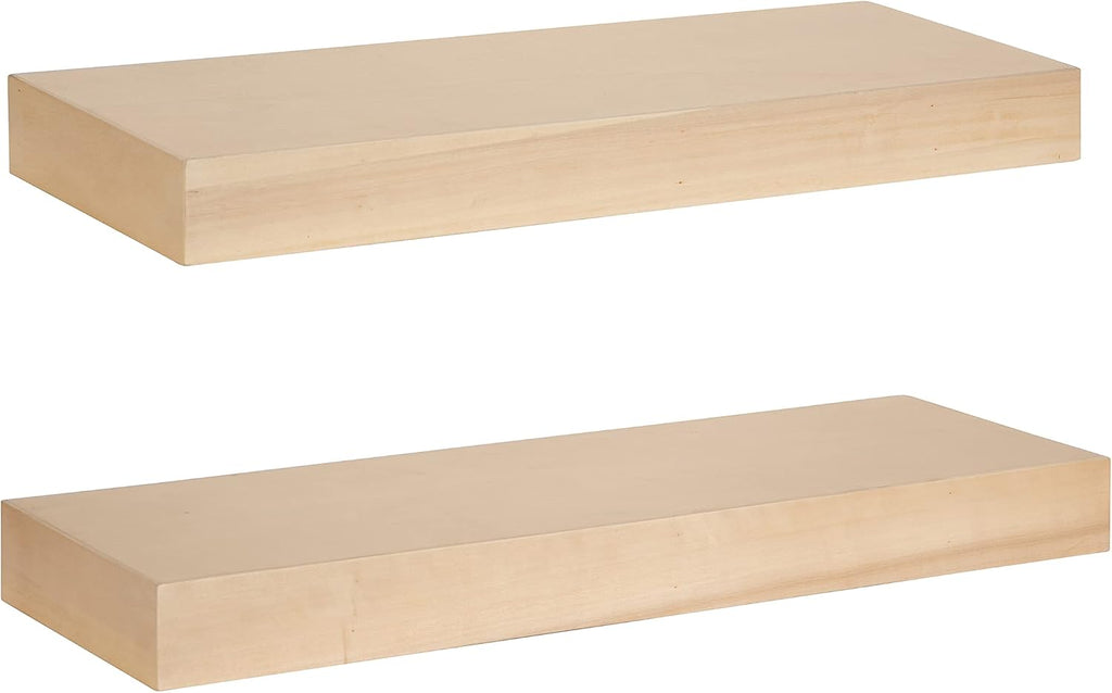 Kate and Laurel Havlock Modern Natural Floating Shelves; Set of 2; 24 x 8; Natural Wood; Mid-Century Bathroom and Kitchen Shelves for Storage and Display