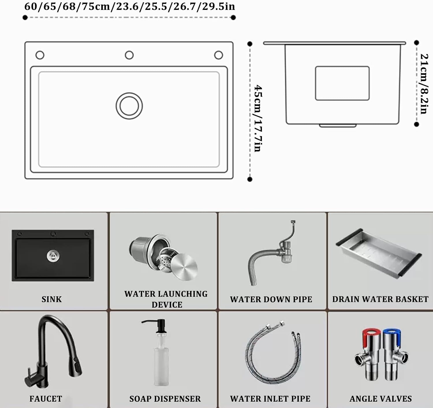 Black Single Bowl Kitchen Sink 304 Stainless Steel Kitchen Sink with Pull-Out Faucet and Drain Assembly Drop in Or Under Mount (Color : Black, Size : 68x45x21cm) (Black 60x45x21cm)