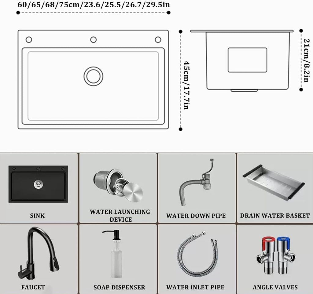 Black Single Bowl Kitchen Sink 304 Stainless Steel Kitchen Sink with Pull-Out Faucet and Drain Assembly Drop in Or Under Mount (Color : Black, Size : 68x45x21cm) (Black 65x45x21cm)