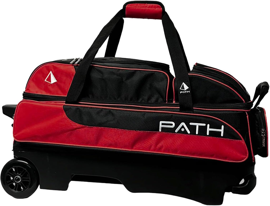 Pyramid Path Triple Premium Deluxe Roller Bowling Bag With Extra Large Separate Shoe Compartment (Up To US Mens Size 16) and 5 Accessory Pockets, 5' Wheels, Retractable Locking Handle - Extends to 42'