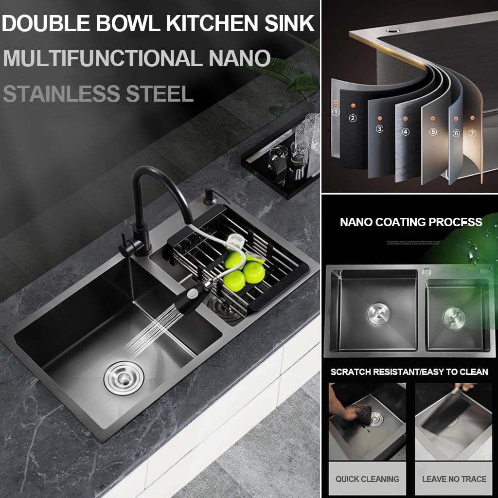 OM Stainless Steel Double Bowl Kitchen Sink Multifunctional Nano Bar Sink Black RV Sink with Pull-Out Faucet Drain Basket Soap Dispenser Drainage Component (Black-72x40x21cm