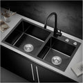Black Double Bowl Kitchen Sink 304 Stainless Steel Bar Sink Square RV Sink with Faucet & Drain Top Mount Or Undermount (Color : Black-a, Size : 88x48x22cm)