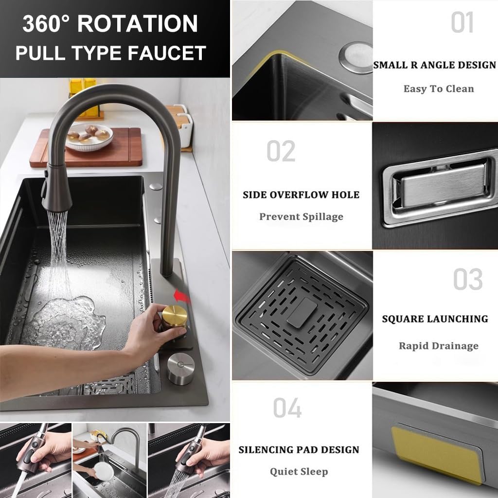 Generic Stainless Steel Waterfall Sink Multifunctional Single Bowl Kitchen Sink Coated Workstation Sink with 3-in-1 Pull-Out Faucet,Drainage Cponent,Cup Washer (Color : Black-Grey, Size : 68x