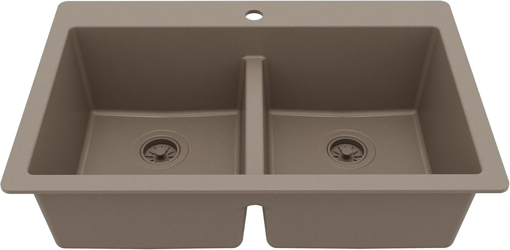 Karran 33' Concrete Color Quartz Composite Double Bowl Kitchen Sink – Top Mount Drop-In 50/50 Low Divider, 80% Natural Quartz, 535°F Heat Resistant, Sound Dampening, Granite Composite, QT-810