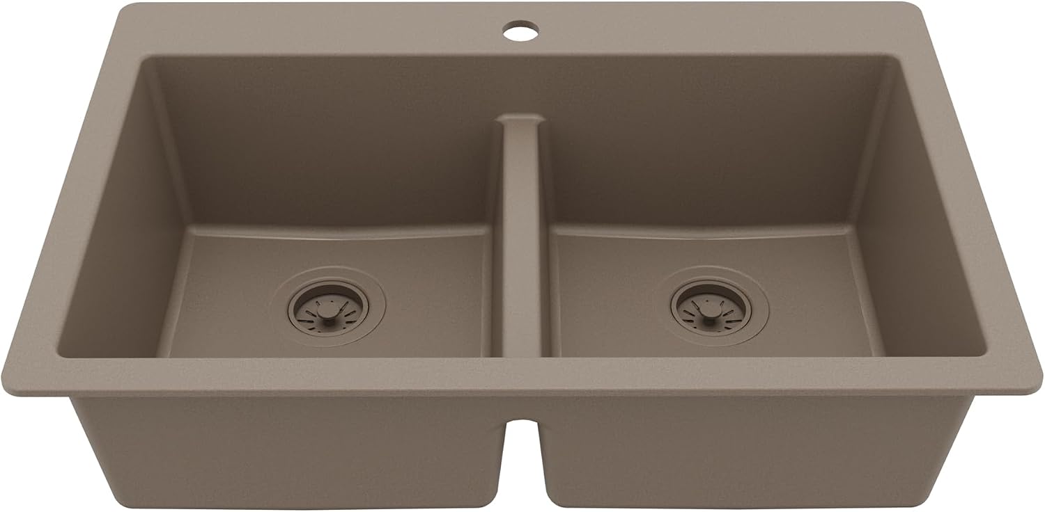 Karran 33' Concrete Color Quartz Composite Double Bowl Kitchen Sink – Top Mount Drop-In 50/50 Low Divider, 80% Natural Quartz, 535°F Heat Resistant, Sound Dampening, Granite Composite, QT-810