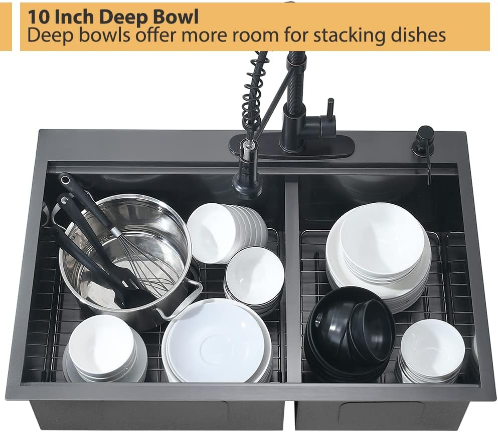 33 Inch Black Drop In Double Bowl Kitchen Sink Workstation-Bokaiya 33x22 Drop In Kitchen Sink Top Mount Workstation Sink 16 Gauge Stainless Steel Low Divide 60/40 Double Sink with Cutting Board