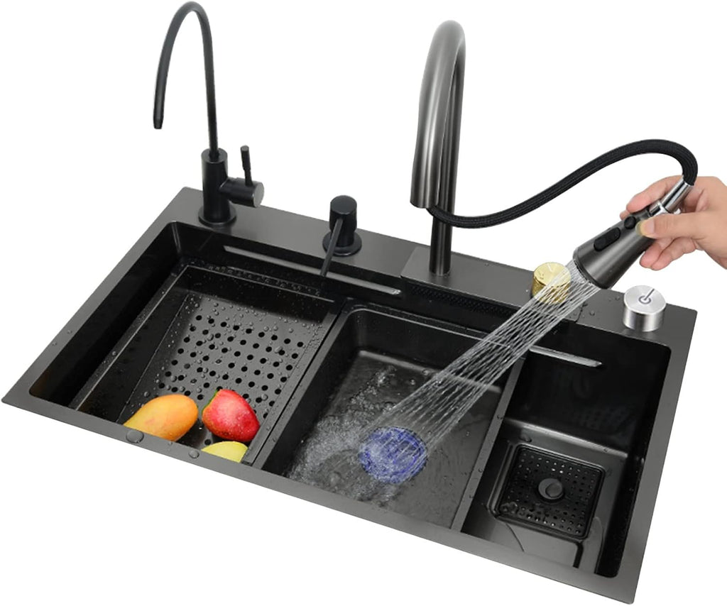 Generic Black Single Bowl Kitchen Sink 304 Stainless Steel Kitchen Sink with Pull-Out Faucet and Drain Assembly Drop in Or Under Mount (Color : Black, Size : 60x45x21cm)
