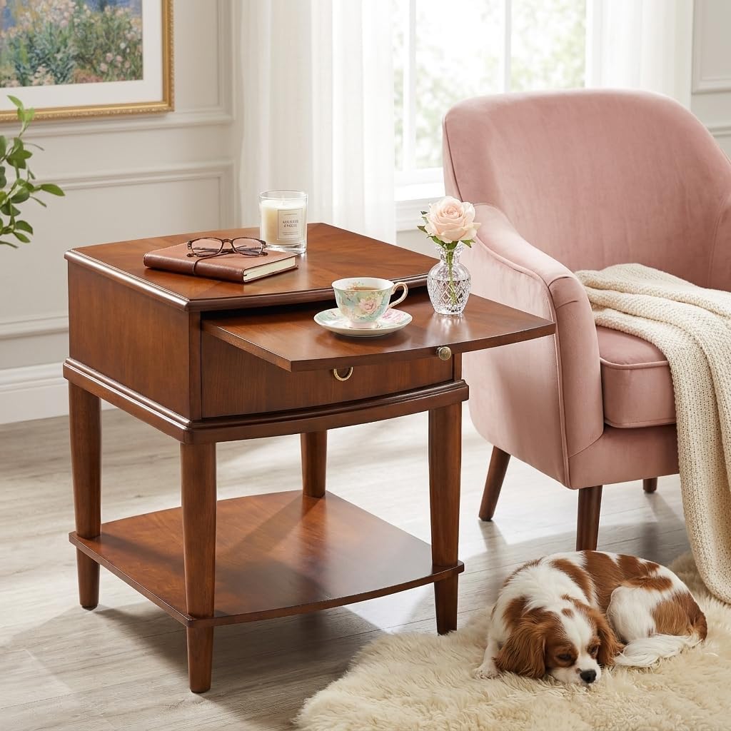 Farmhouse End Side Table Set of 2 with Pull-Out Tray And Storage Drawer, Sofa Beside Tables, Nightstand, No-Tools Assembly 17.7'L x 19.7'W x 22.8'H for Living Room, Caramel Brown CJZ-A1569-MG
