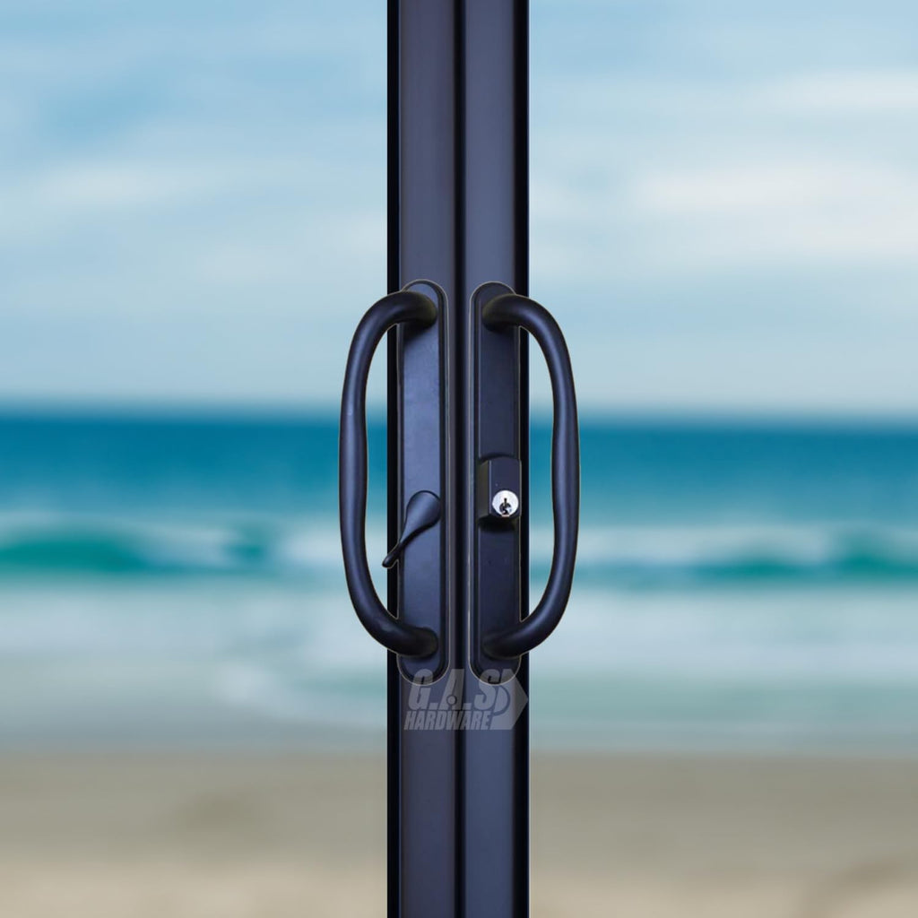 10' Olympus Sliding Patio Glass Door Black Offset Pull Handle Set Replacement with Keys fits 3 ¹⁵/₁₆ inches Hole Spacing, and 1-1/4' to 2-1/4' Door Thickness