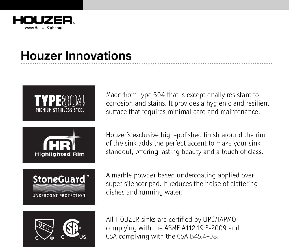 Houzer 3322-9BS3-1 Glowtone Series Topmount Stainless Steel 50/50 Double Bowl Kitchen Sink, 9-Inch Deep