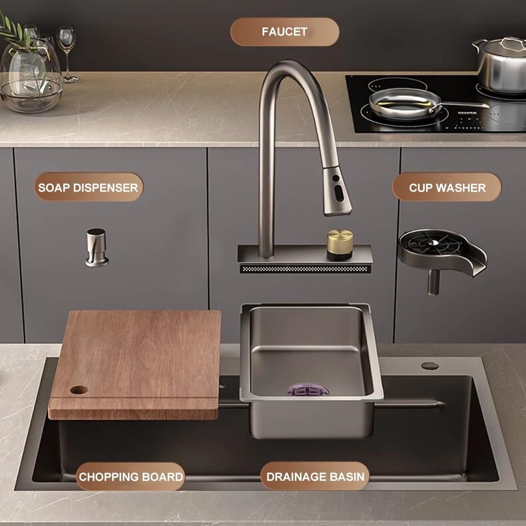 Waterfall Sink Stainless Steel Single-Bowl Kitchen Workstation Sink Waterfall Pull-Down Faucet and Complete Accessory Set Dual-Mount (Color : A, Size : 80x45x22cm) (A 68x45x22cm)