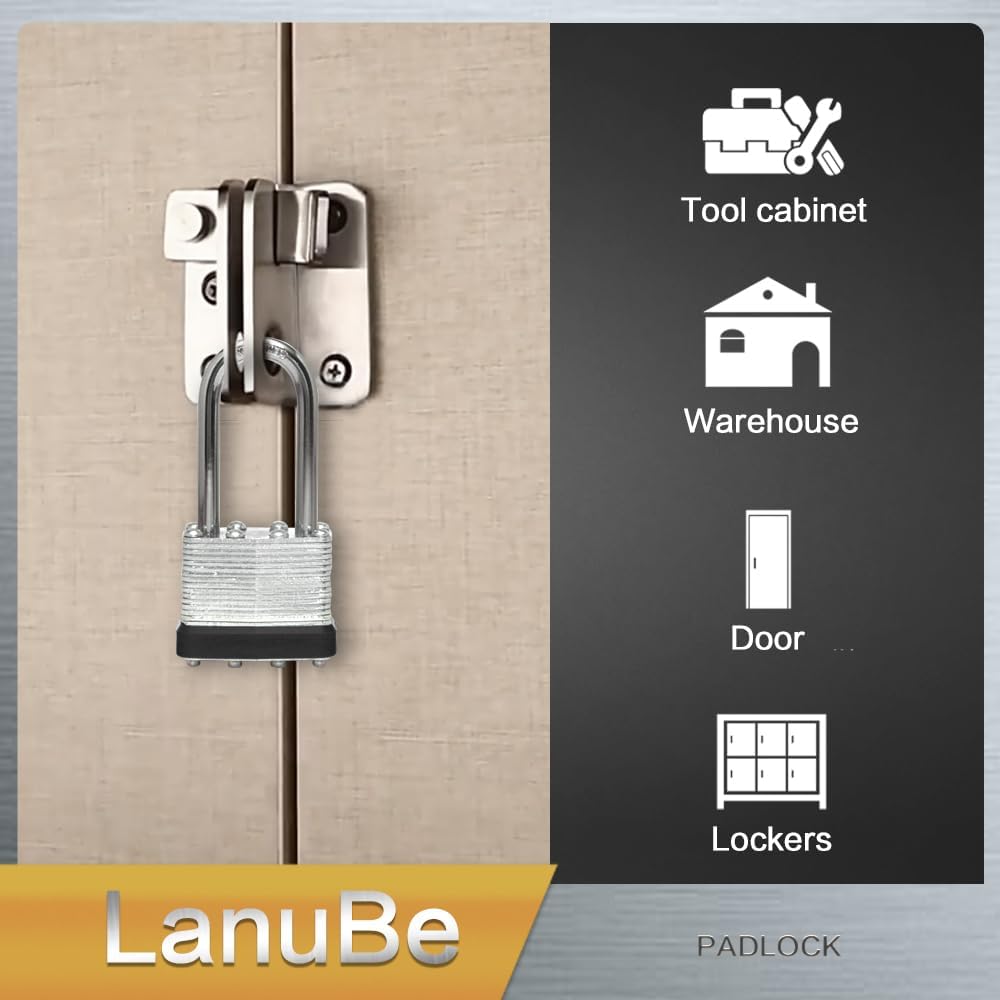LanuBe Lock Laminated keyed Padlock (1-9/16', 40mm), keyed Alike Locks, Long Shackle,Marked Black Plastic Hoop, Pack of 48