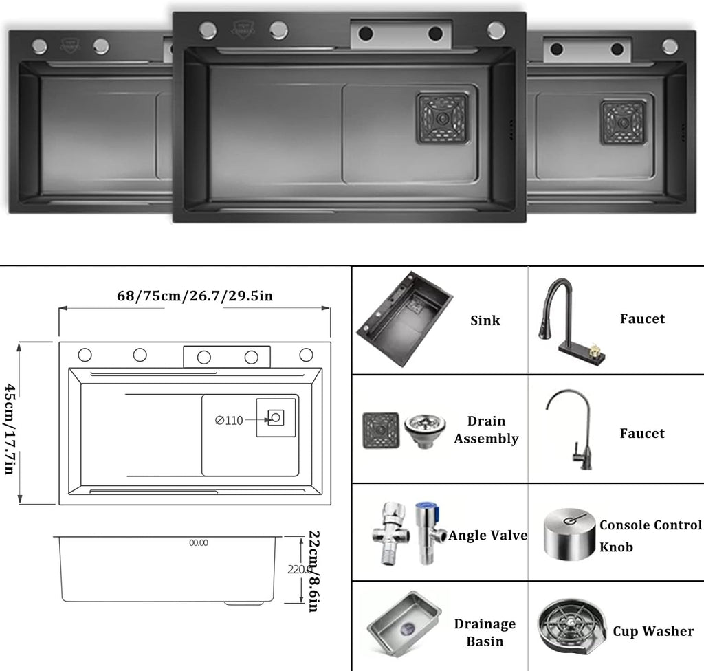 Generic Black Single Bowl Kitchen Sink 304 Stainless Steel Bar Sink Multi-Function Rv Sink with Faucet and Drainage Cponents Top Mount Or Under Mount (Color : Black, Size : 68x45x22cm)