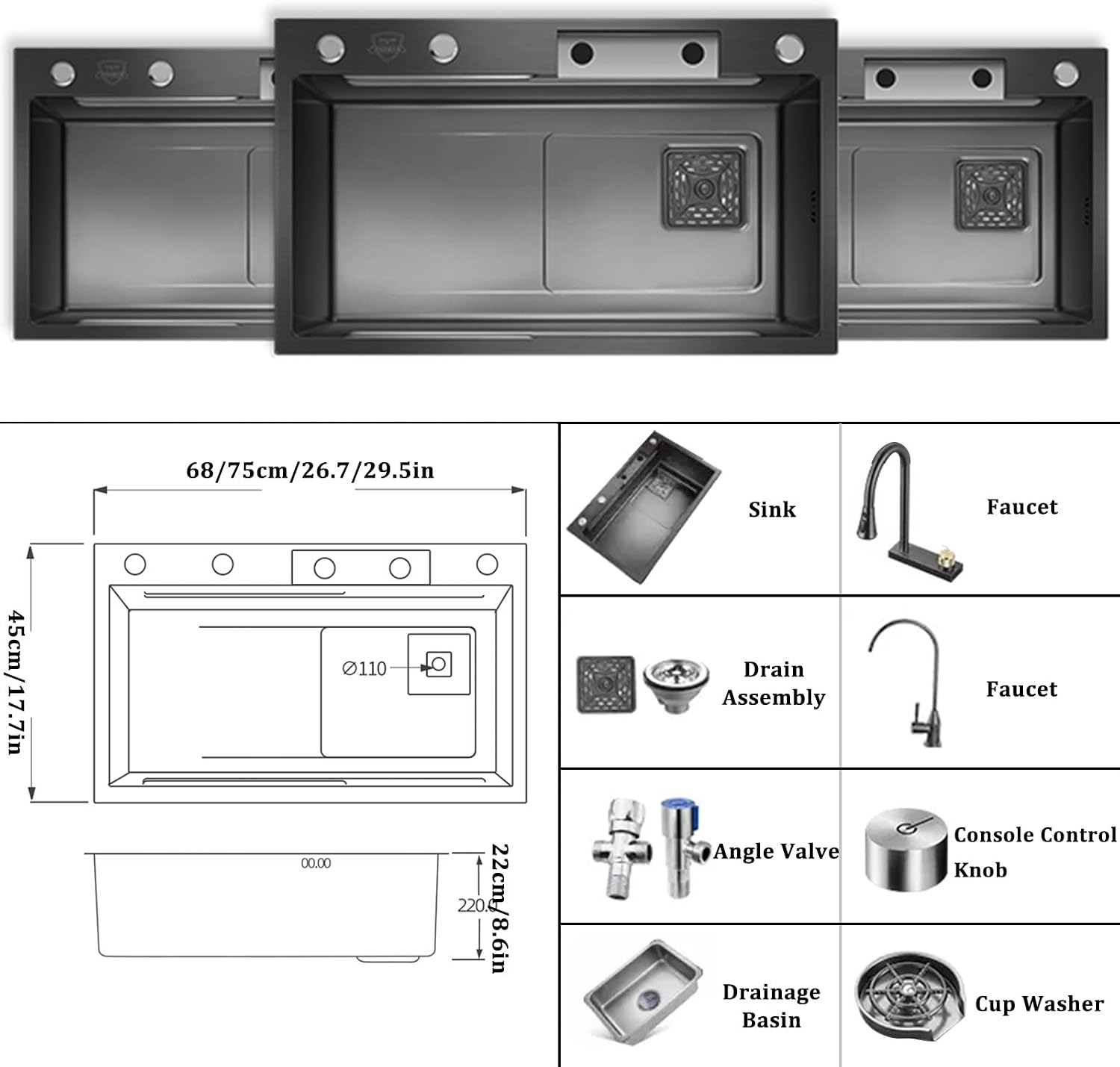 Generic Black Single Bowl Kitchen Sink 304 Stainless Steel Bar Sink Multi-Function Rv Sink with Faucet and Drainage Cponents Top Mount Or Under Mount (Color : Black, Size : 68x45x22cm)