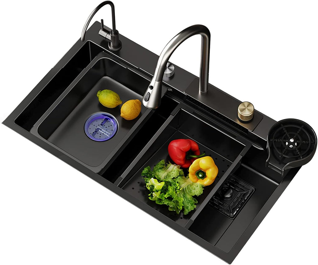 Black Nano Single Bowl Kitchen Sink 304 Stainless Steel Waterfall Bar Sink Multi-Function Rv Sink with Pull-Out Faucet and Cup Washer Drop in Or Under Mount(Black-60x45x21cm