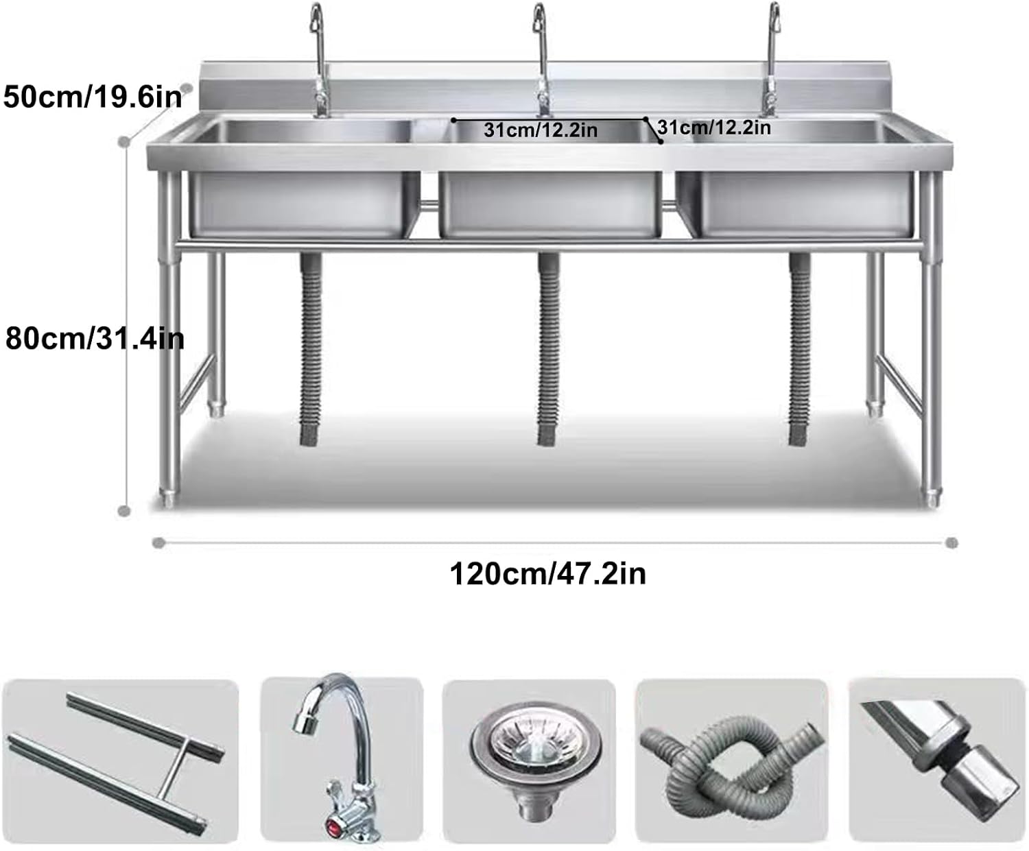 3-Compartment Stainless Steel Utility Sink Triple Bowl Freestanding Kitchen Sink, Commercial Sink Basin for Outdoor Garage Restaurant,120X50cm/47.2X19.6in