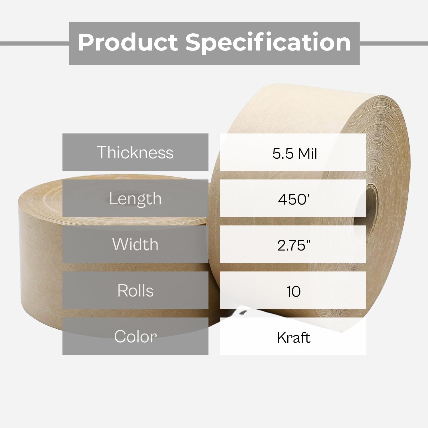 PSBM Economy Kraft Reinforced Gummed Tape, 10 Rolls 5.5 Mil 2.75 Inch 150 Yards Per Roll, Water Activated Adhesive Tape with Fiberglass Strands for Packaging, Shipping, Moving & Sealing