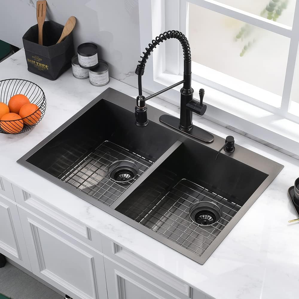 33 Inch Black Double Bowl Drop In Kitchen Sink-Bokaiya 33x22 Drop In Kitchen Sink 50/50 Double Bowl 16 Gauge Deep Low Divided Stainless Steel Basin with Roll Up Rack