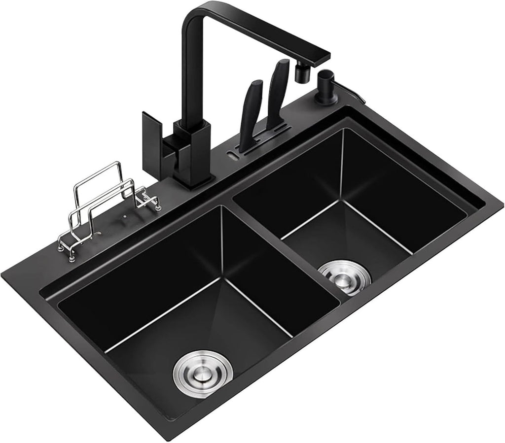 Black Nano Stainless Steel Kitchen Sink Double Bowl Bar Sinks Rv Sink with with Square Faucet & Sink Accessories Drop-in Or Undermount (Color : Black, Size : 75x46x22cm) (Black 75x46x22cm)