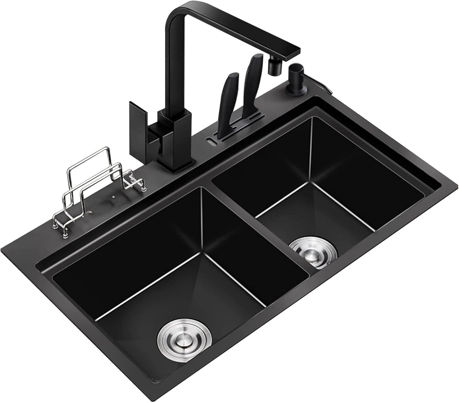 Black Nano Stainless Steel Kitchen Sink Double Bowl Bar Sinks Rv Sink with with Square Faucet & Sink Accessories Drop-in Or Undermount (Color : Black, Size : 75x46x22cm) (Black 75x46x22cm)
