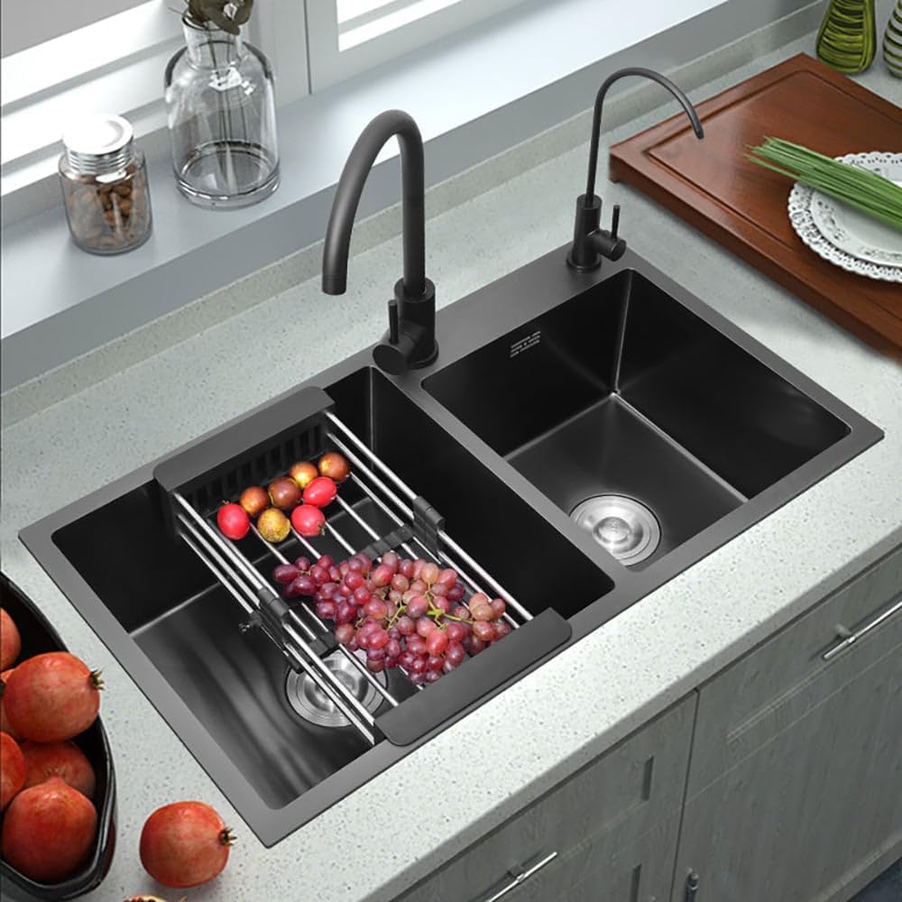 KunMai 32' Black Double Bowl Kitchen Sink Stainless Steel Bar Sink Drop-In Kitchen Sink with Drain and Overflow