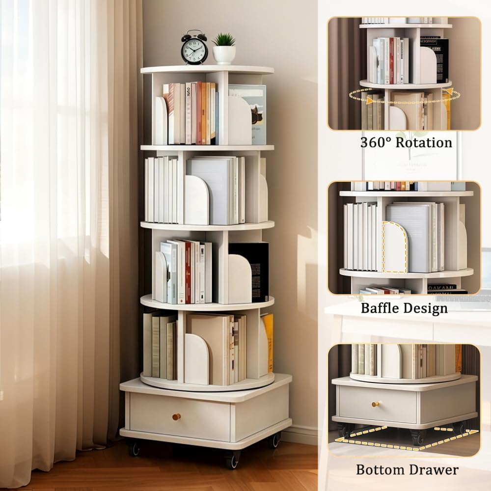 360° Rotating Bookshelf with Drawer and Wheels, 5 Tier Tall Bookcase for Small Spaces, Corner Shelf for Bedroom, Living Room, Office, Wood Bookshelf, White