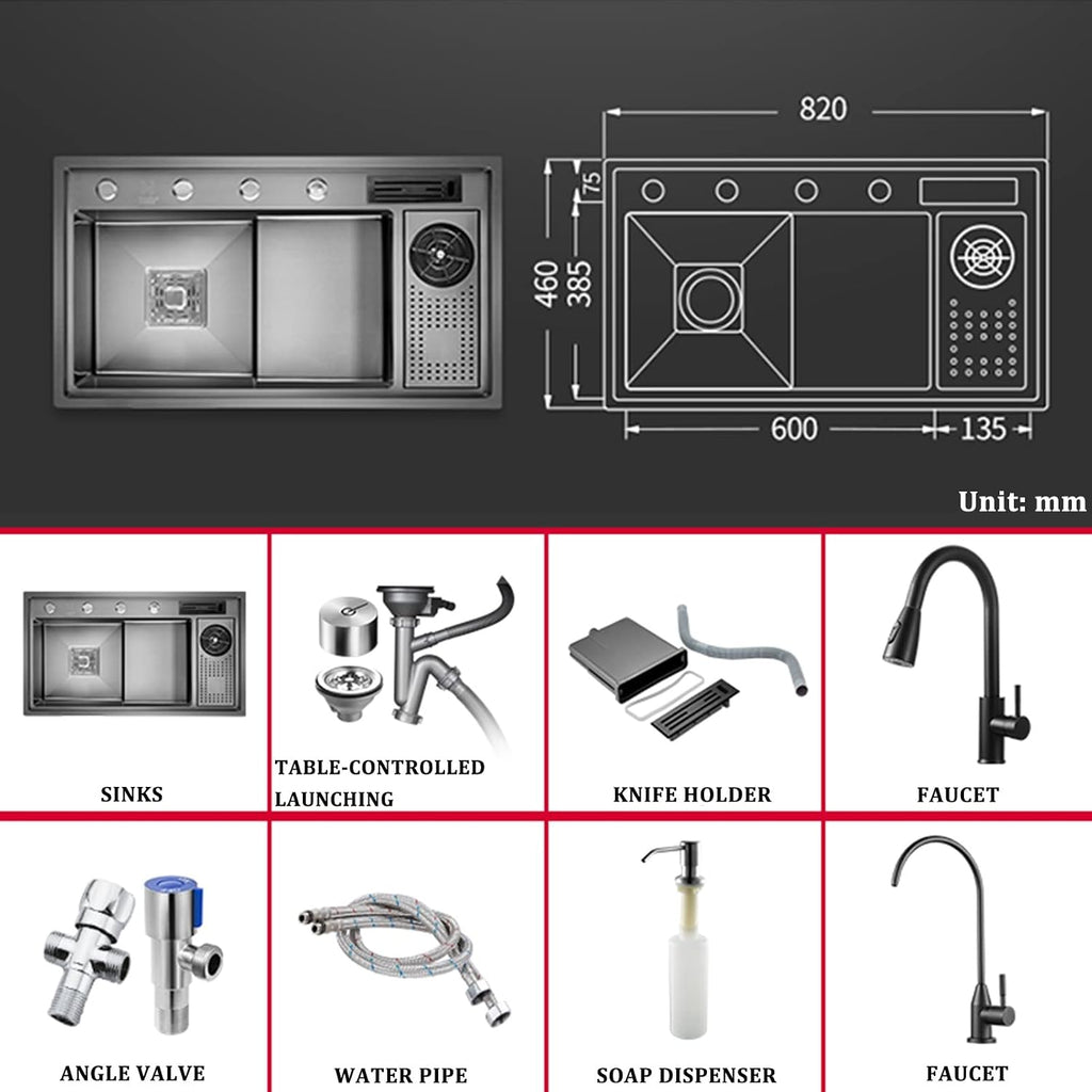 Nano-Stepped Cup Washer Sink 304 Stainless Steel Handmade Kitchen Sink Multi-Function Single Bowl Bar Preparation Sink with Pull-Out Faucet Top Mount Or Undermount (Blackb 82x46x22cm)