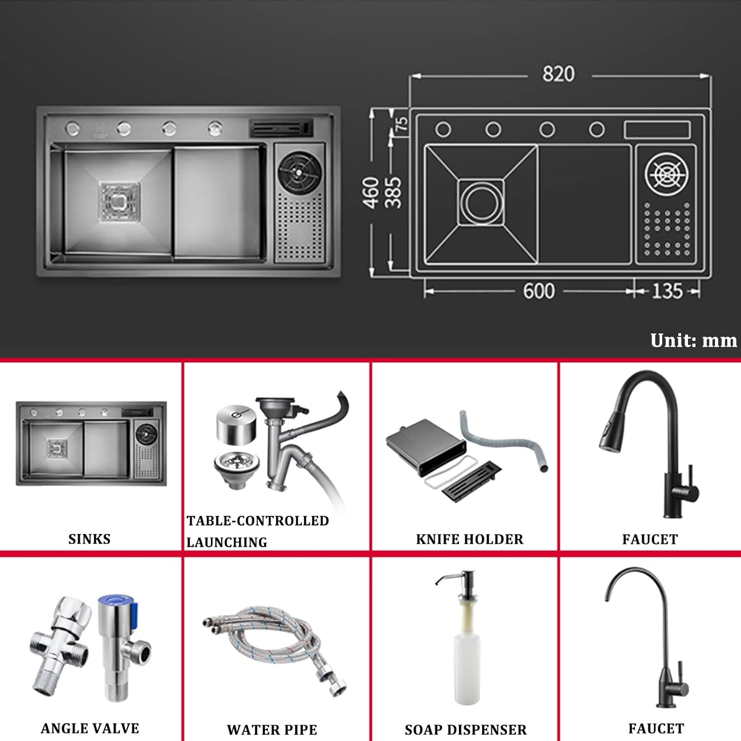 Nano-Stepped Cup Washer Sink 304 Stainless Steel Handmade Kitchen Sink Multi-Function Single Bowl Bar Preparation Sink with Pull-Out Faucet Top Mount Or Undermount (Blackb 82x46x22cm)