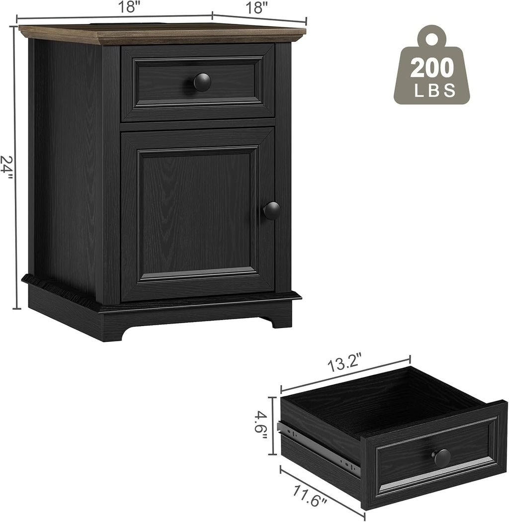 REDAYFUR End Table with Charging Station, Fast Charge, End Table with Drawer, Big Storage Side Table for Living Room/Bedroom, Black