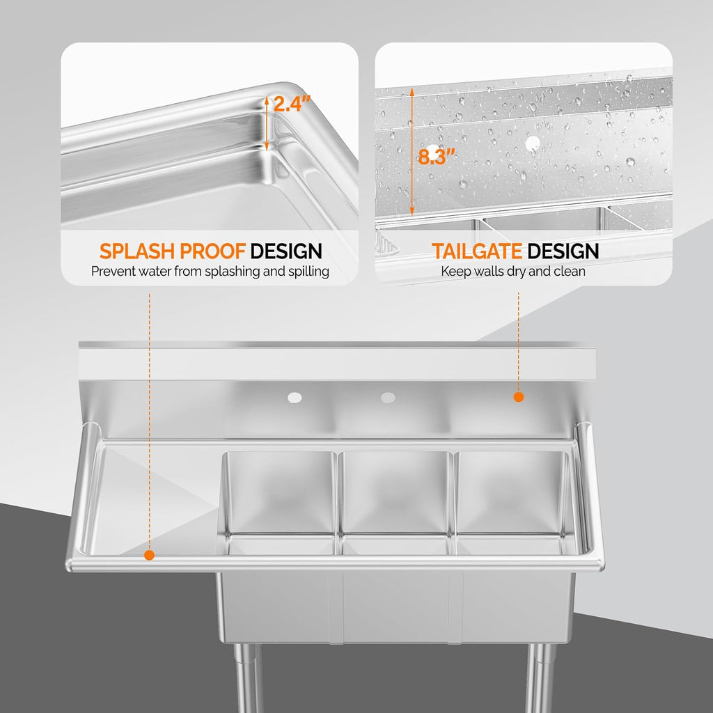 ROVSUN Commercial Sink, Stainless Steel with 3 Compartment and Left Side Drainboard, 43.9' x 20' x 43.3' Freestanding Kitchen Utility Sink, Bowl Size 10' x 14' x 10', Silver